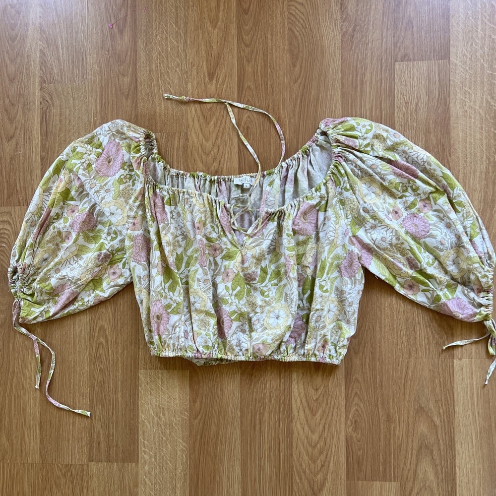 Rachel Zoe Boho Top Sz L Linen Blend Balloon Sleeves Ties Floral Crop Summer